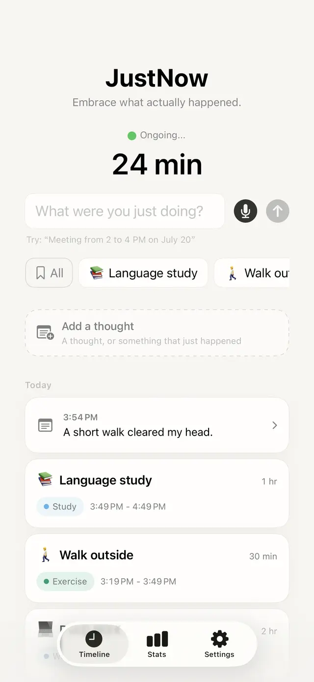 Real JustNow timeline showing a thought, language study and a walk outside