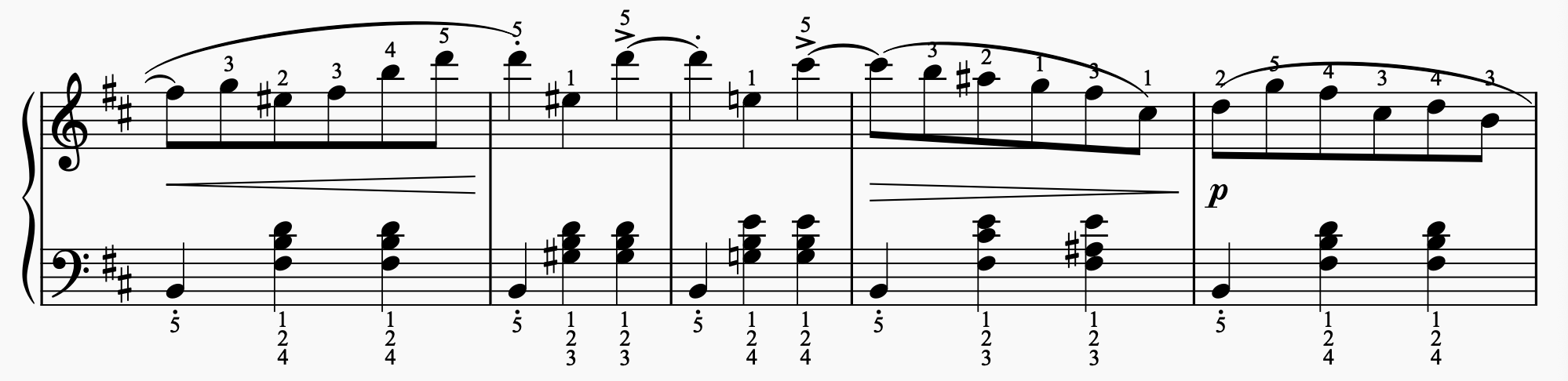 The same piano passage with fingering numbers above the melody and below the left-hand bass notes and chords.