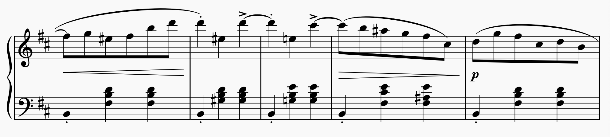 A piano passage with a right-hand melody, left-hand chords, accidentals, slurs and dynamics, before adding fingerings.